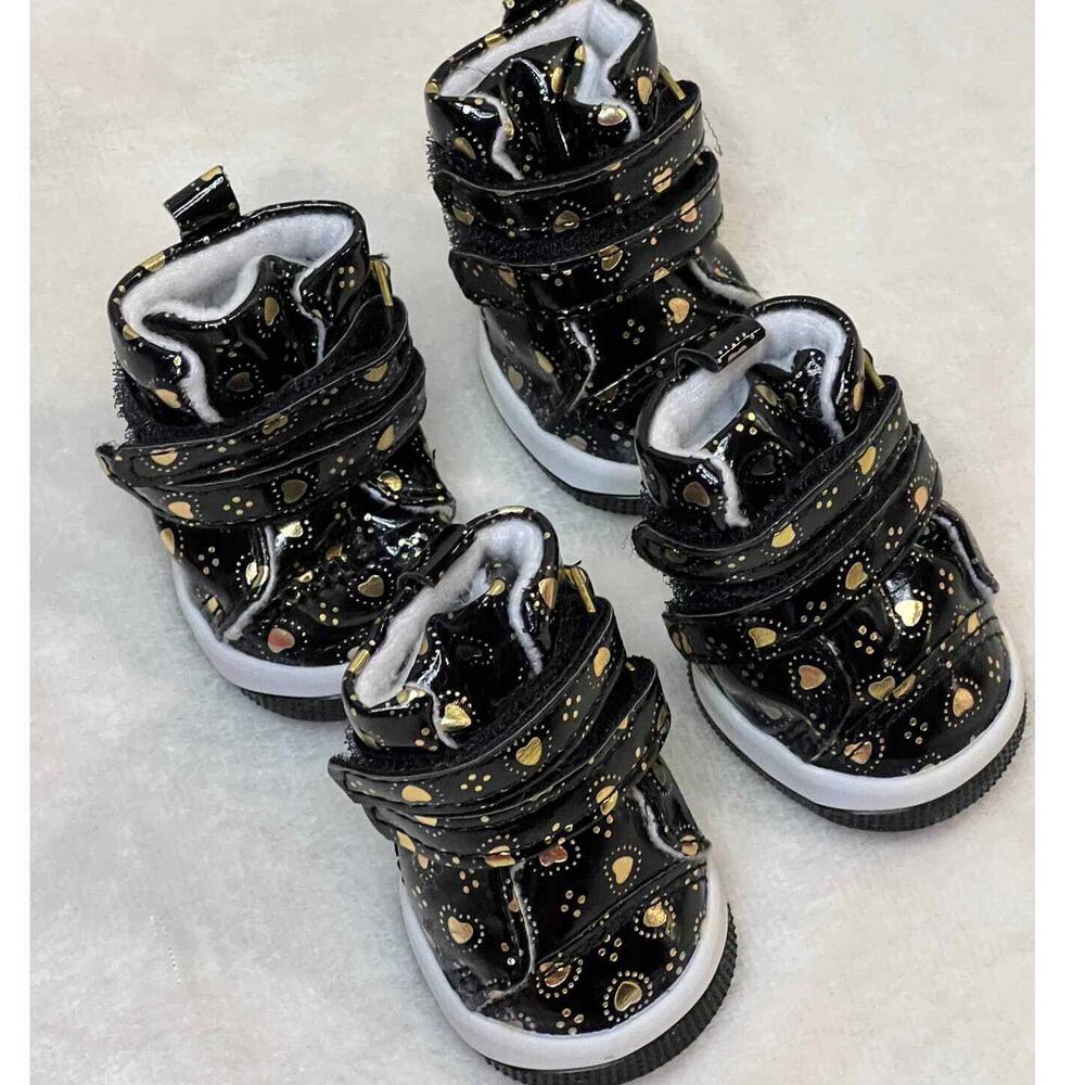 Parisian Pet Black Boots Golden Hearts Double Cinch Straps Rear Pull Tabs SZ XL